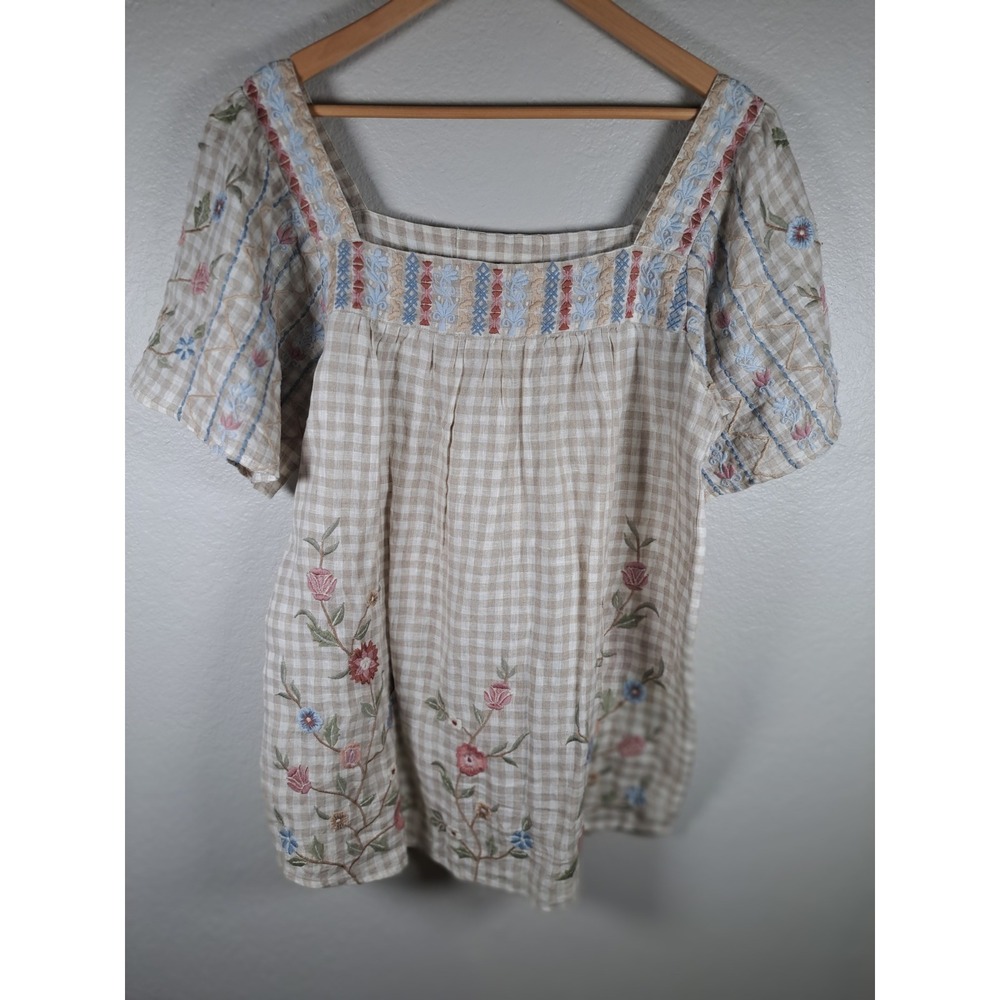 Karyn Seo Linen Gingham Floral Embroidered Blouse Tan White Square Neck Large